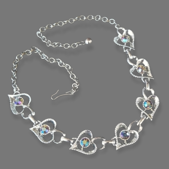 Vintage 1950s Rhinestone Heart Necklace Silver Tone - Picture 6 of 12